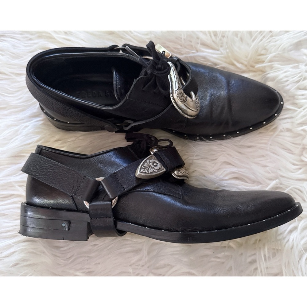 Freda Salvador Cowboy Rodeo Silver Buckle Harness Lace Up Oxford Flats Shoes 6​
